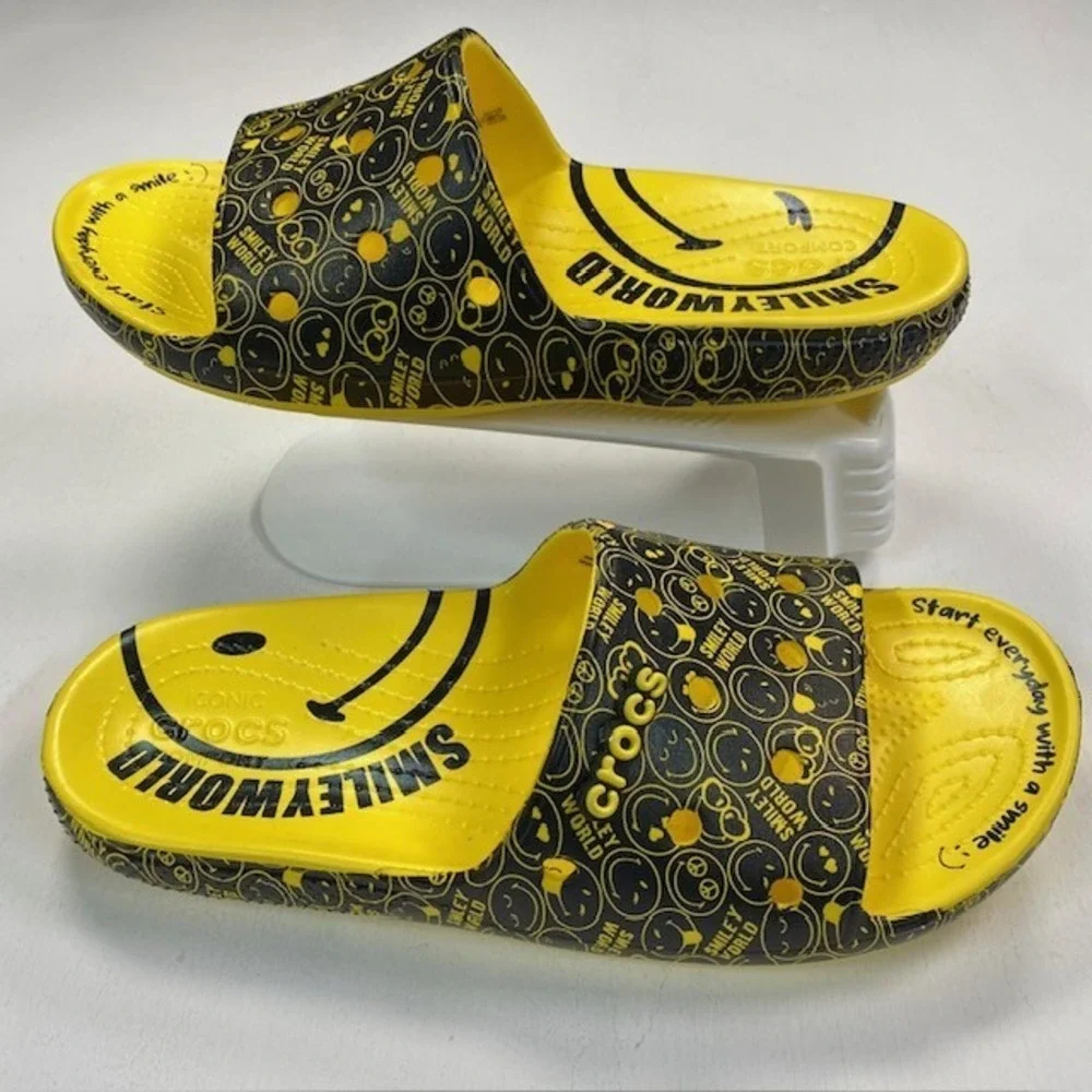 Crocs Classic SmileyWorld Slides Yellow Black Mens 13 Smiley Face Sandals